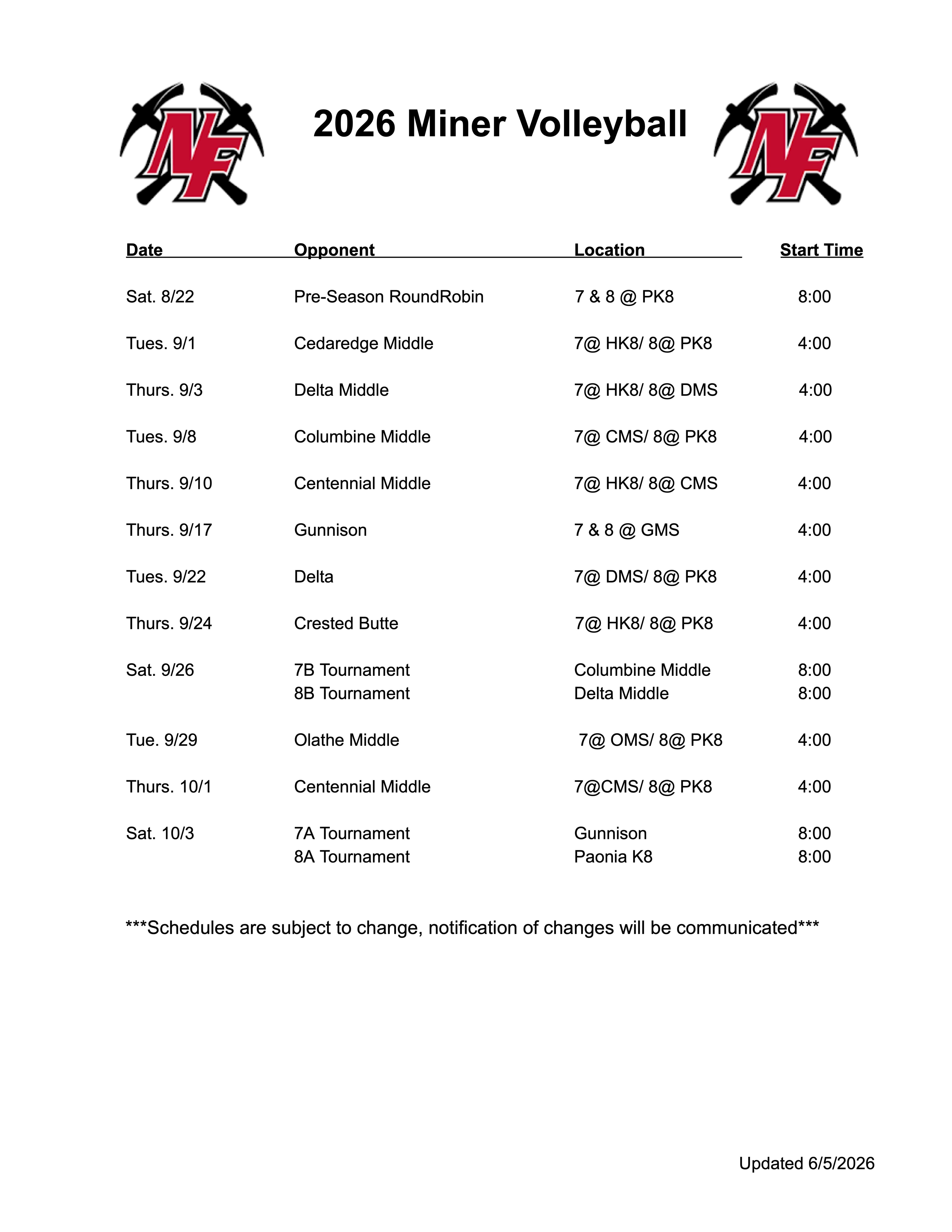 Volleyball Schedule